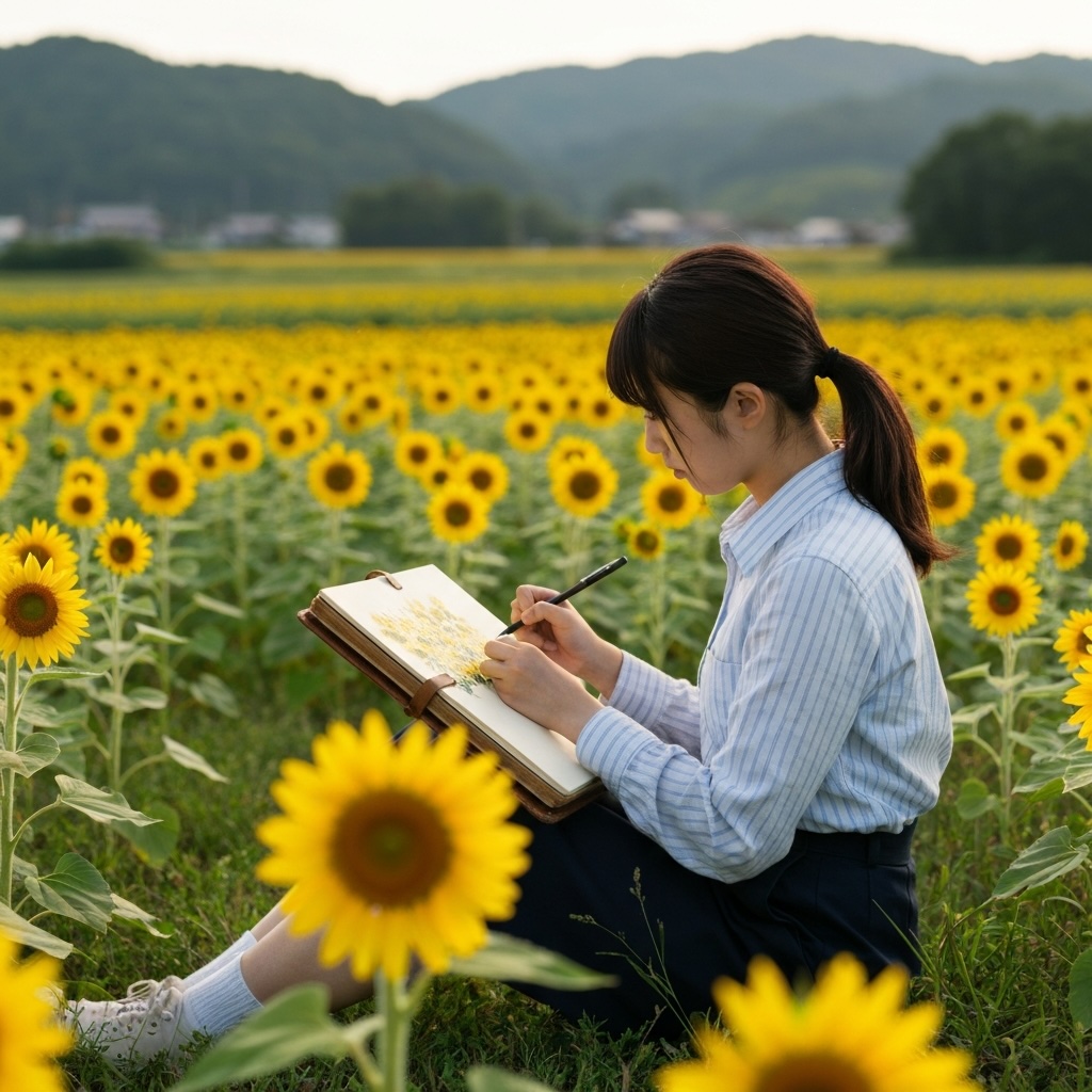 ひまわり畑でスケッチをする女性
